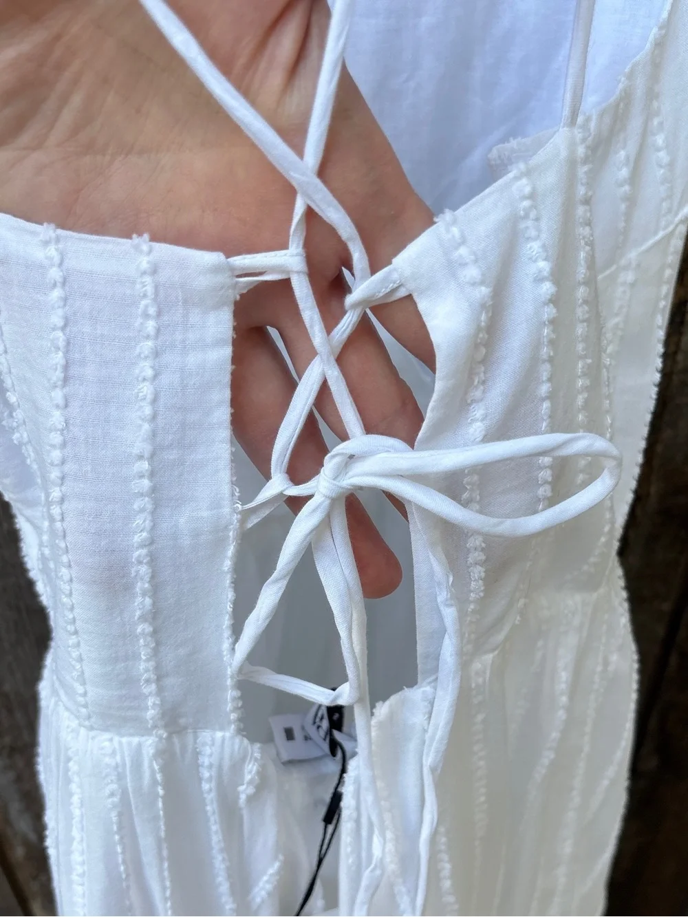 Zara 100% Cotton Pleated White Dress With Lace Up Back & Tiered Skirt NWT Sz S